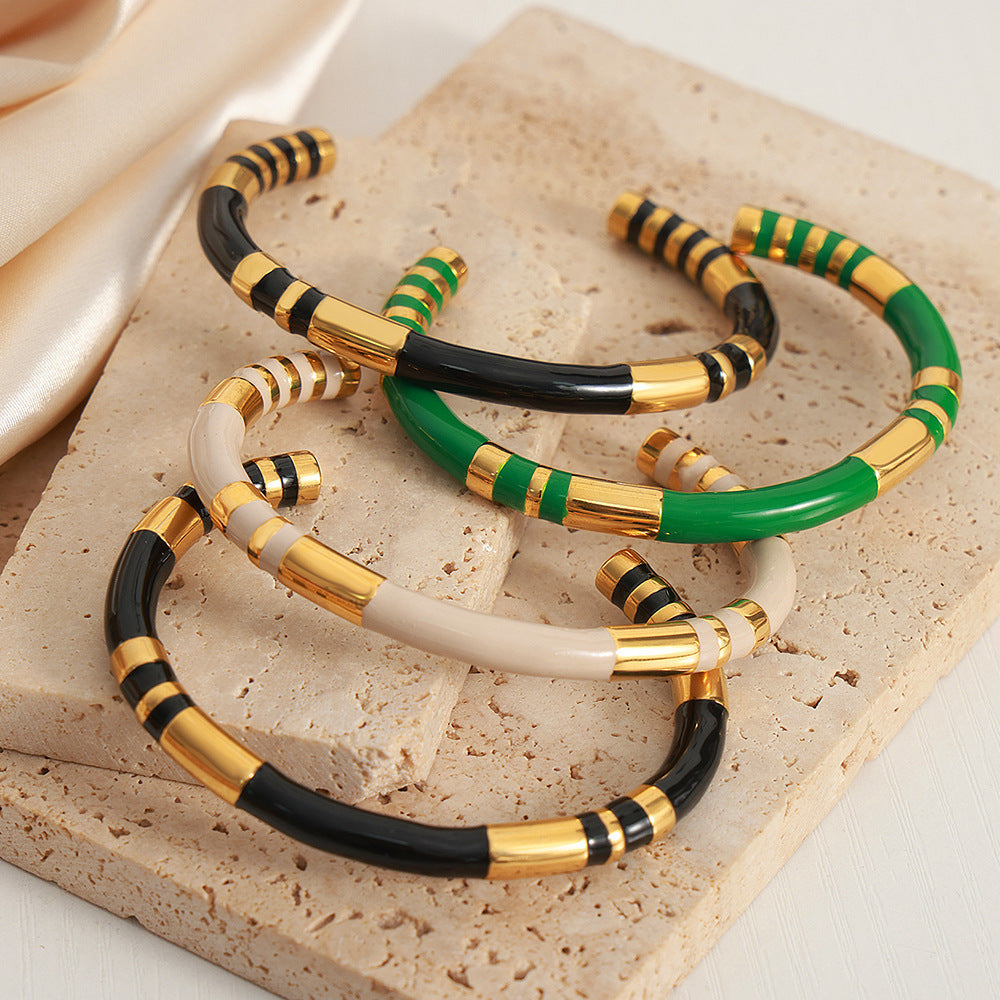 Black Enamel Gold Cuff Bangle