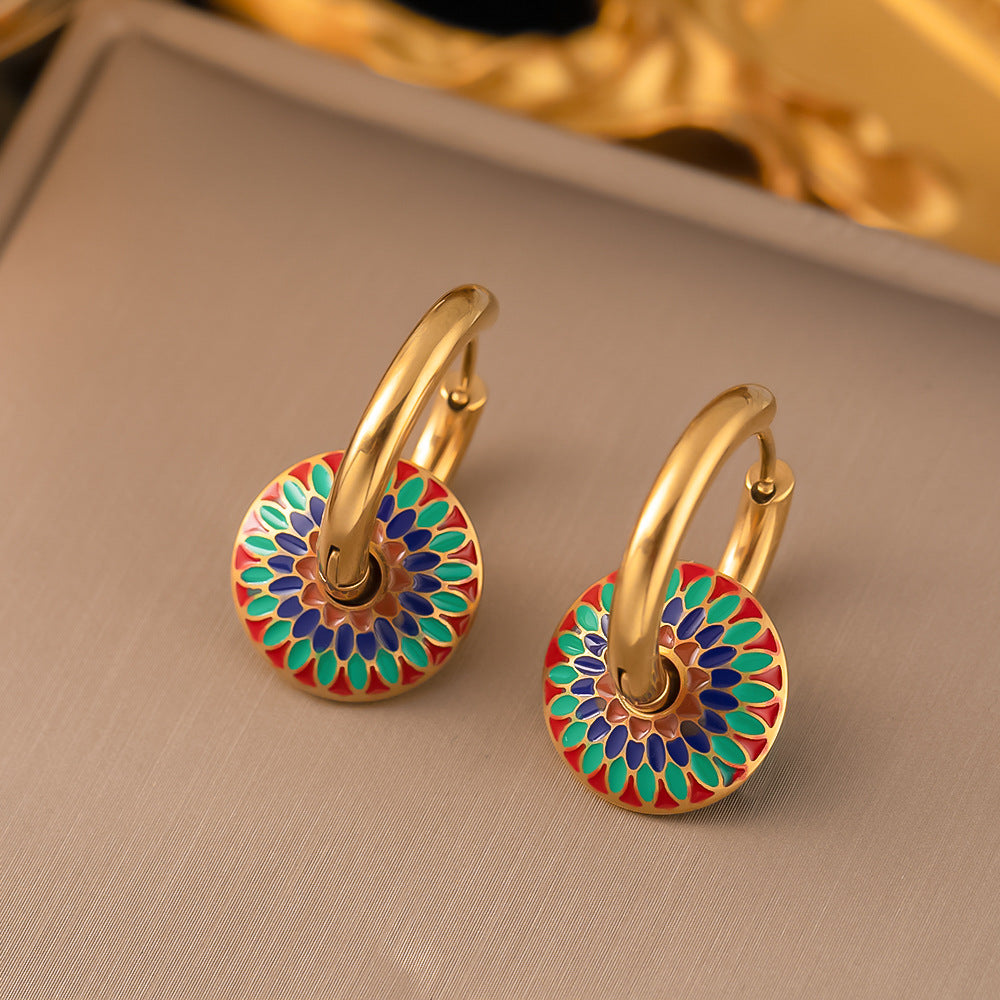 Colorful Enamel Medallion Necklace & Hoop Earrings Set