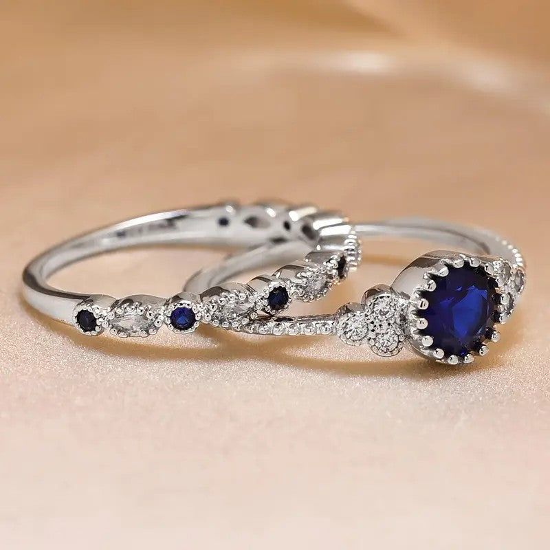 Blue Stone Halo Ring Set