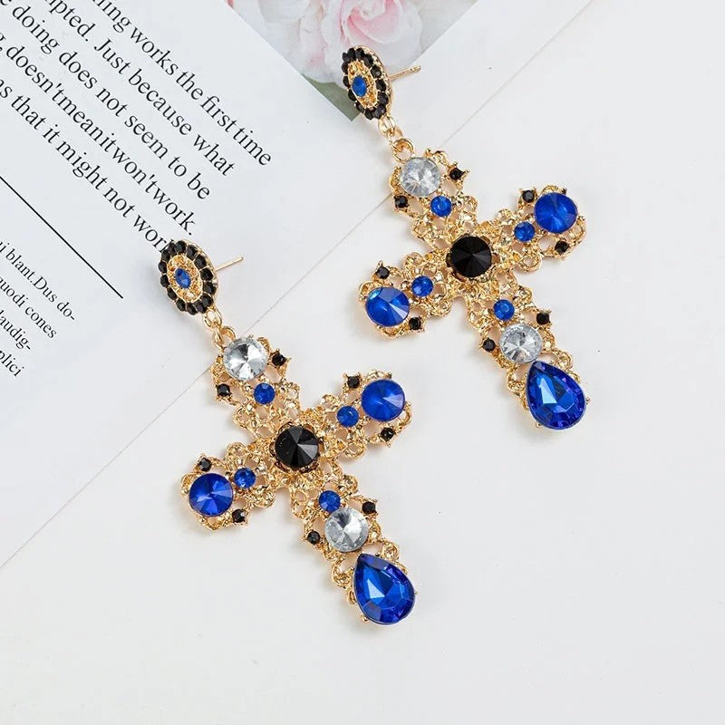 Black Crystal Cross Drop Earrings