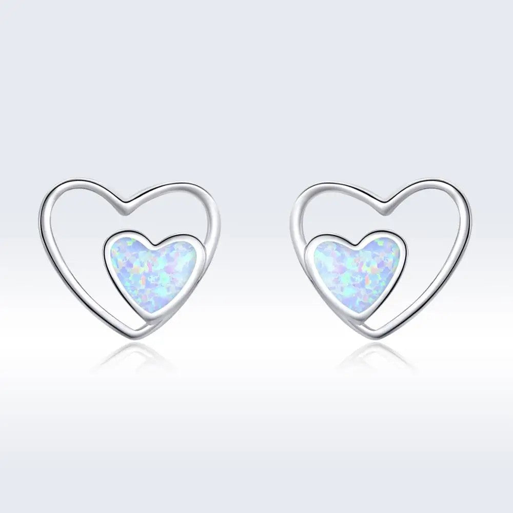 Double Heart Opal Stud Earrings