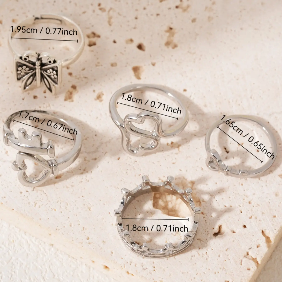 5pc Heart Butterfly Ring Set