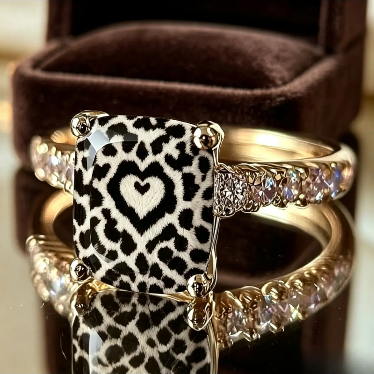 Black and White Heart Leopard Square Ring