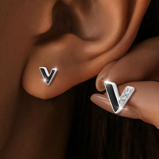 Black Enamel V Stud Earrings