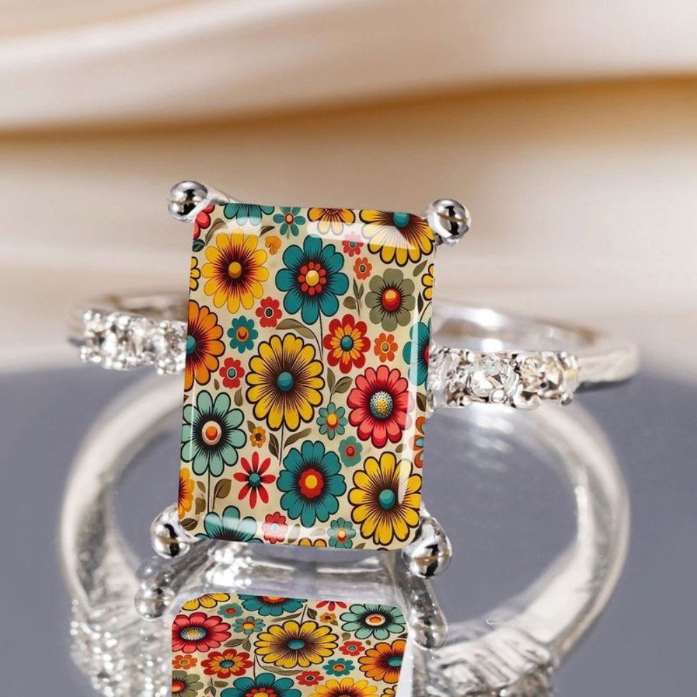 Boho Floral Field Square Ring