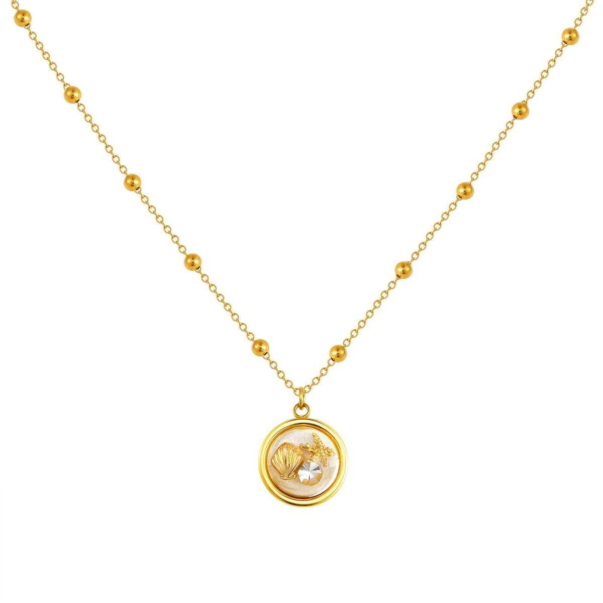 Gold Shell Charm Necklace with Crystal Pendant