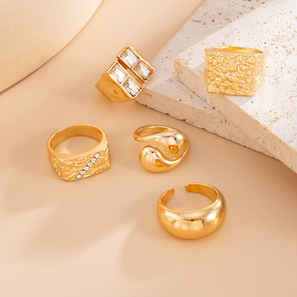 5pc Punk Chunky Geometric Ring Set