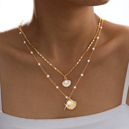 Layered Pearl Seashell Charm Necklace