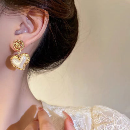 Pearl Heart Flower Drop Earrings