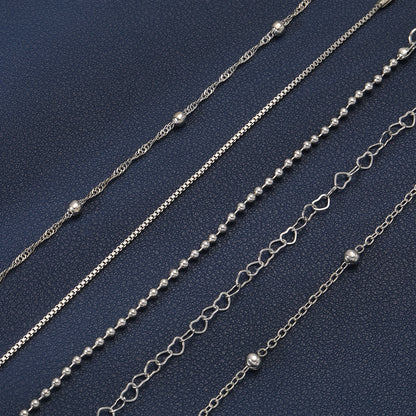 6pc Dainty Silver Heart & Bead Bracelet Set