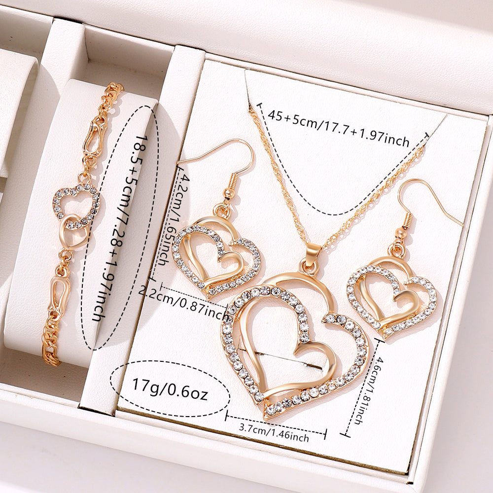 3pc Double Heart Crystal Jewelry Set