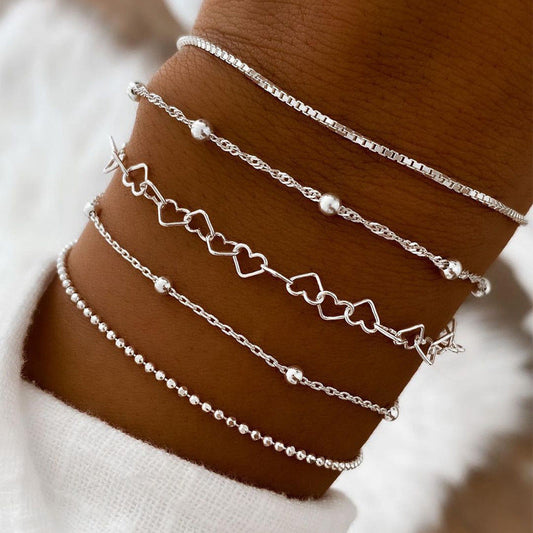 6pc Dainty Silver Heart & Bead Bracelet Set