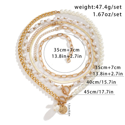 5pc Pearl & Chain Layered Necklace Set