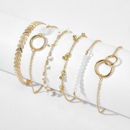 6pc Boho Flower Leaf Charm Bracelet Set