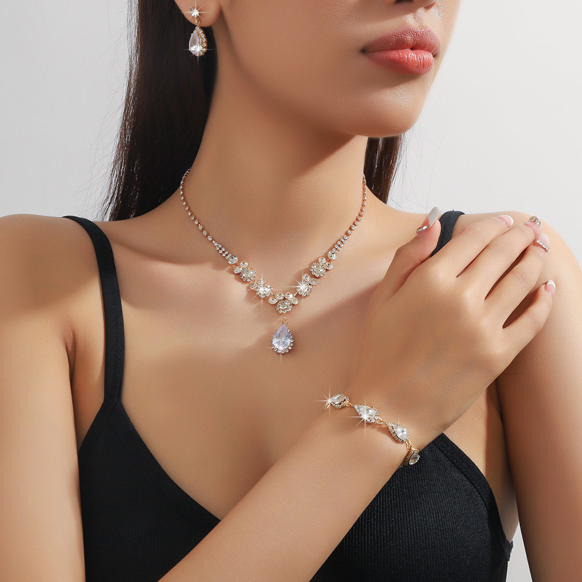 4pc Rhinestone Water Droplet Jewelry Set