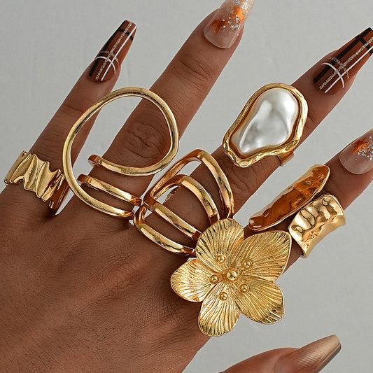 6pc Imitation Pearl & Flower Ring Set