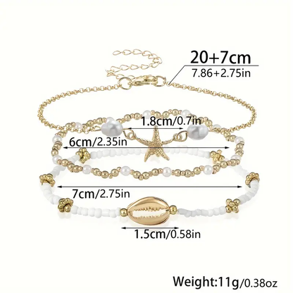 3pc Starfish & Shell Beaded Anklet Set