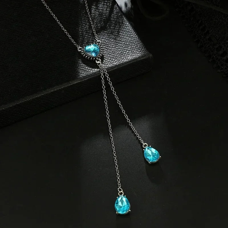 Blue Crystal Heart Long Necklace