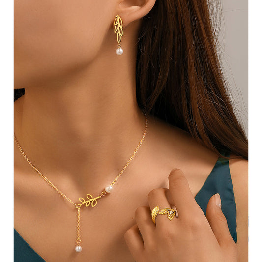 3pc Leaf & Pearl Jewelry Set