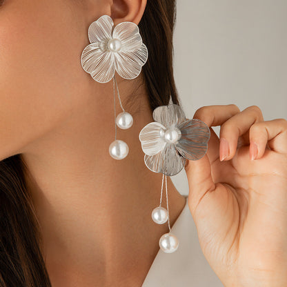 Gold Floral Pearl Drop Earrings