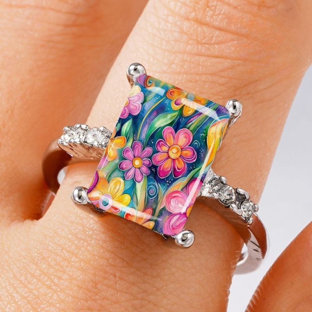 Wavy Colorful Floral Square Ring
