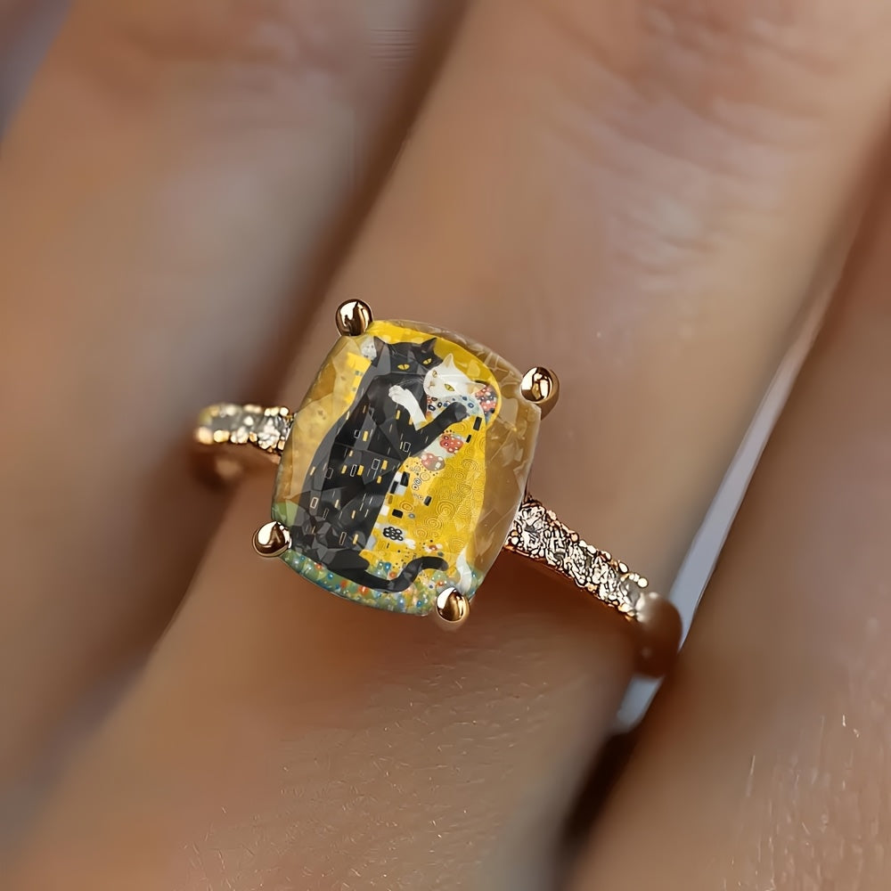 Golden Embracing Cats Square Ring