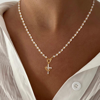 Pearl Beaded Crown Cross Necklace