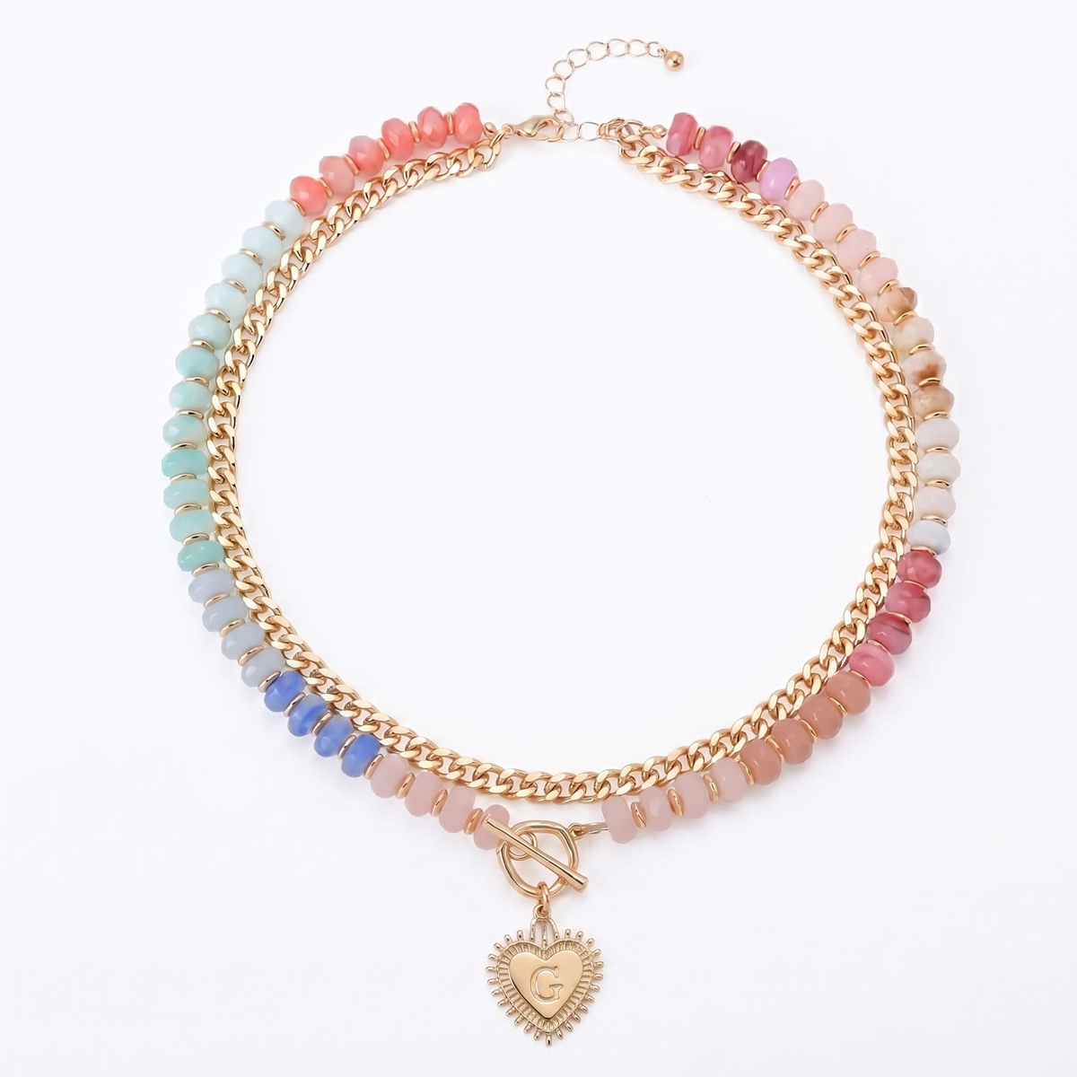 Double Layer Initial Heart Beaded Necklace