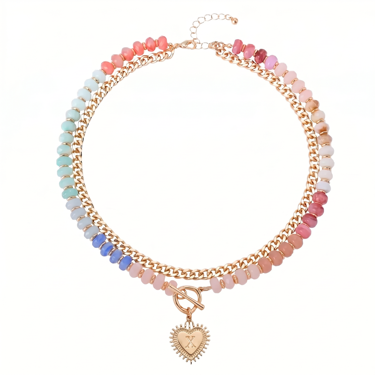 Double Layer Initial Heart Beaded Necklace