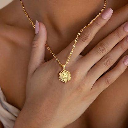 2pc 14k Hexagon Initial Necklace