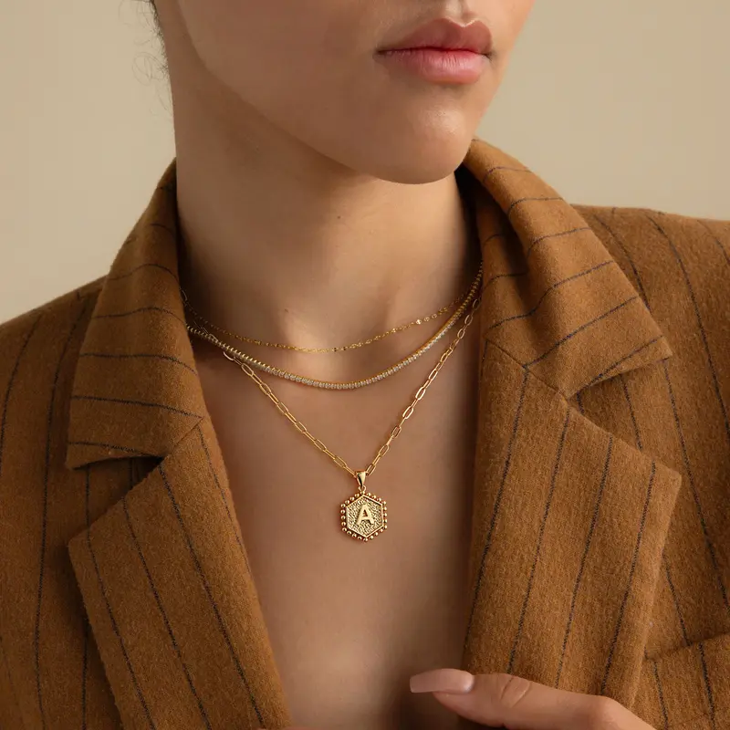2pc 14k Hexagon Initial Necklace