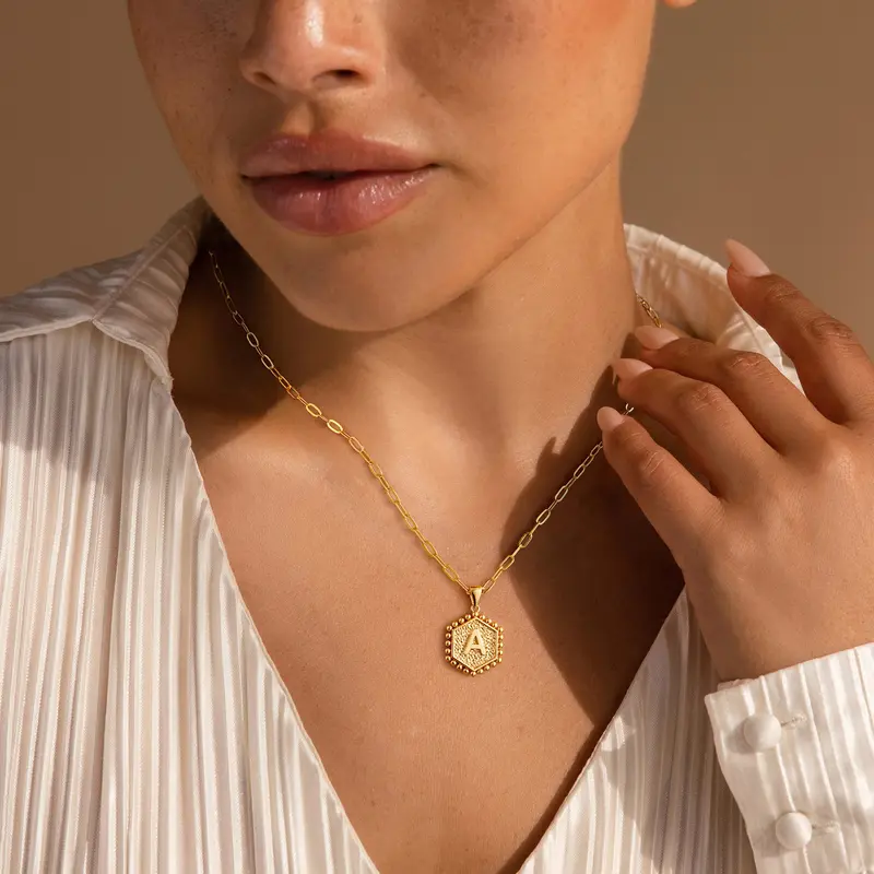 2pc 14k Hexagon Initial Necklace
