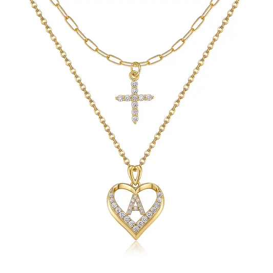 14k Initial Heart & Cross Necklace Set