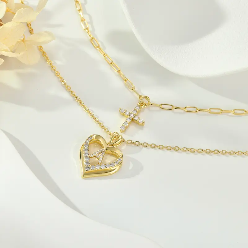 14k Initial Heart & Cross Necklace Set