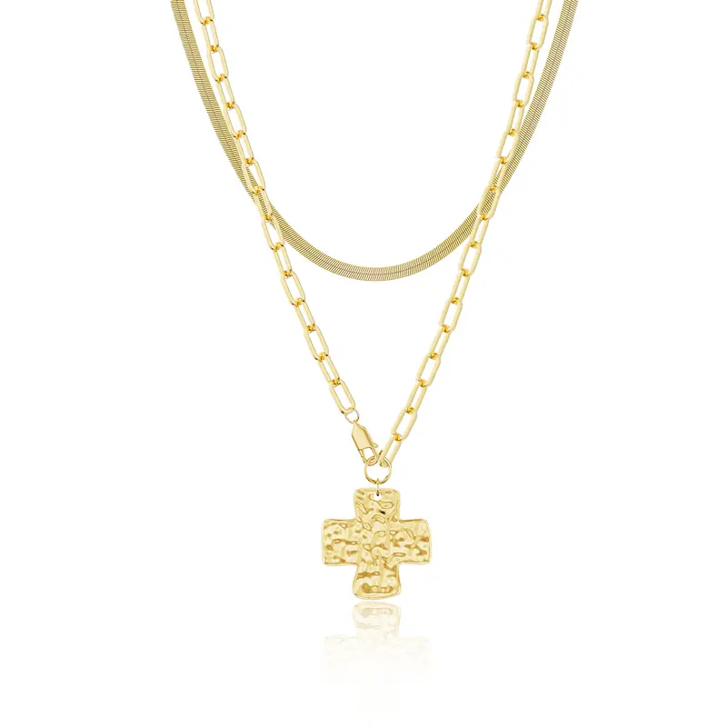 2pc Cross Paperclip Herringbone Necklace Set