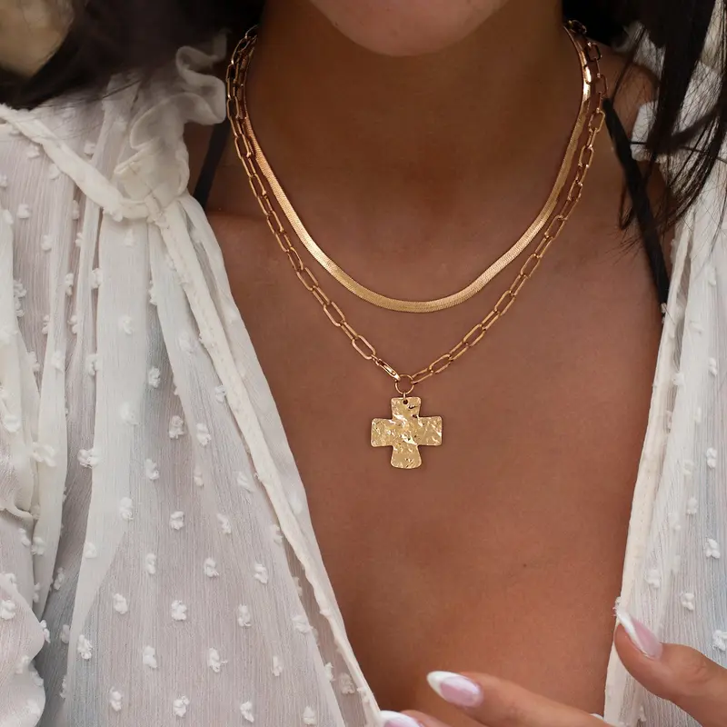 2pc Cross Paperclip Herringbone Necklace Set