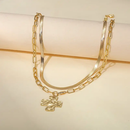 2pc Cross Paperclip Herringbone Necklace Set