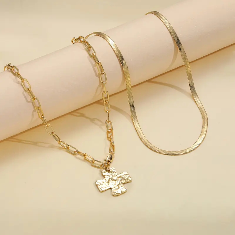 2pc Cross Paperclip Herringbone Necklace Set