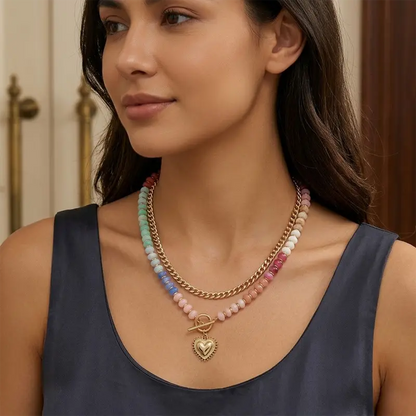 Double Layer Initial Heart Beaded Necklace
