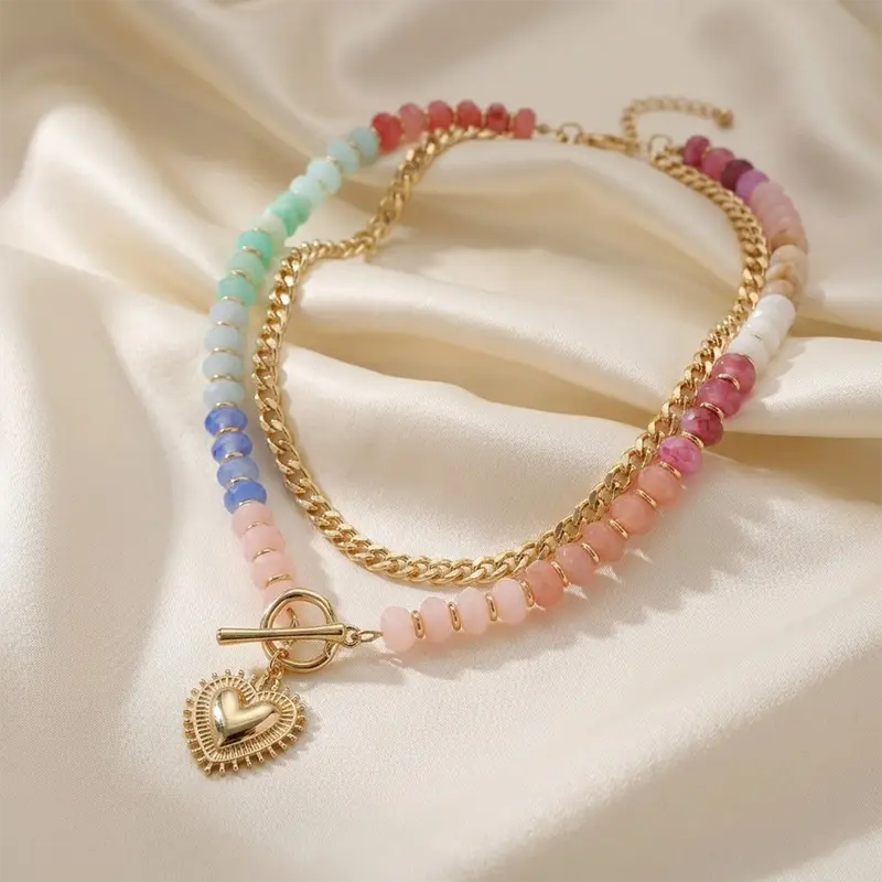 Double Layer Initial Heart Beaded Necklace