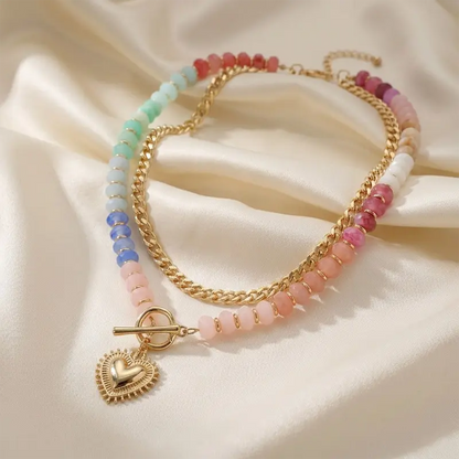 Double Layer Initial Heart Beaded Necklace