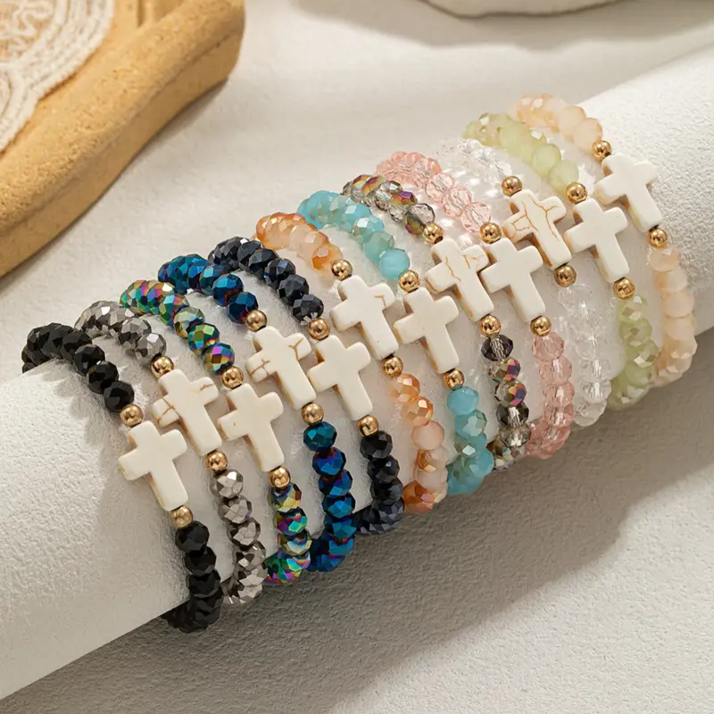 12pc Crystal Beaded Cross Bracelet