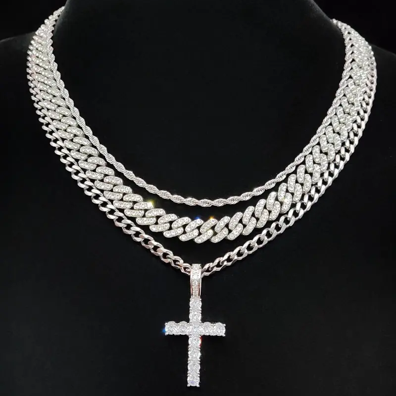 3pc Inlaid Ice Out Cross Necklace Set