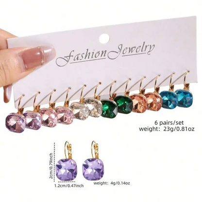 6 Pair Colorful Crystal Earring Set