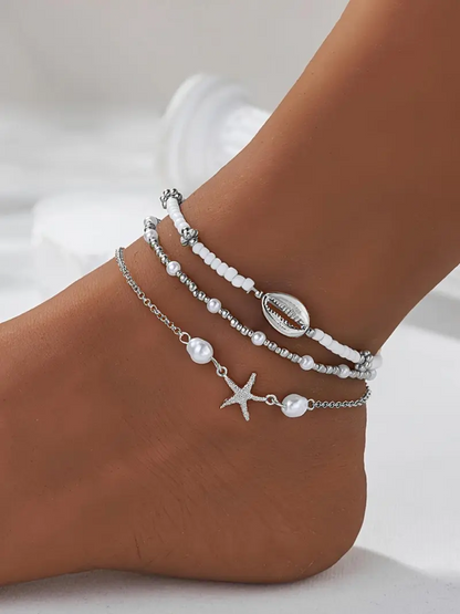 3pc Boho Starfish & Shell Anklet Set