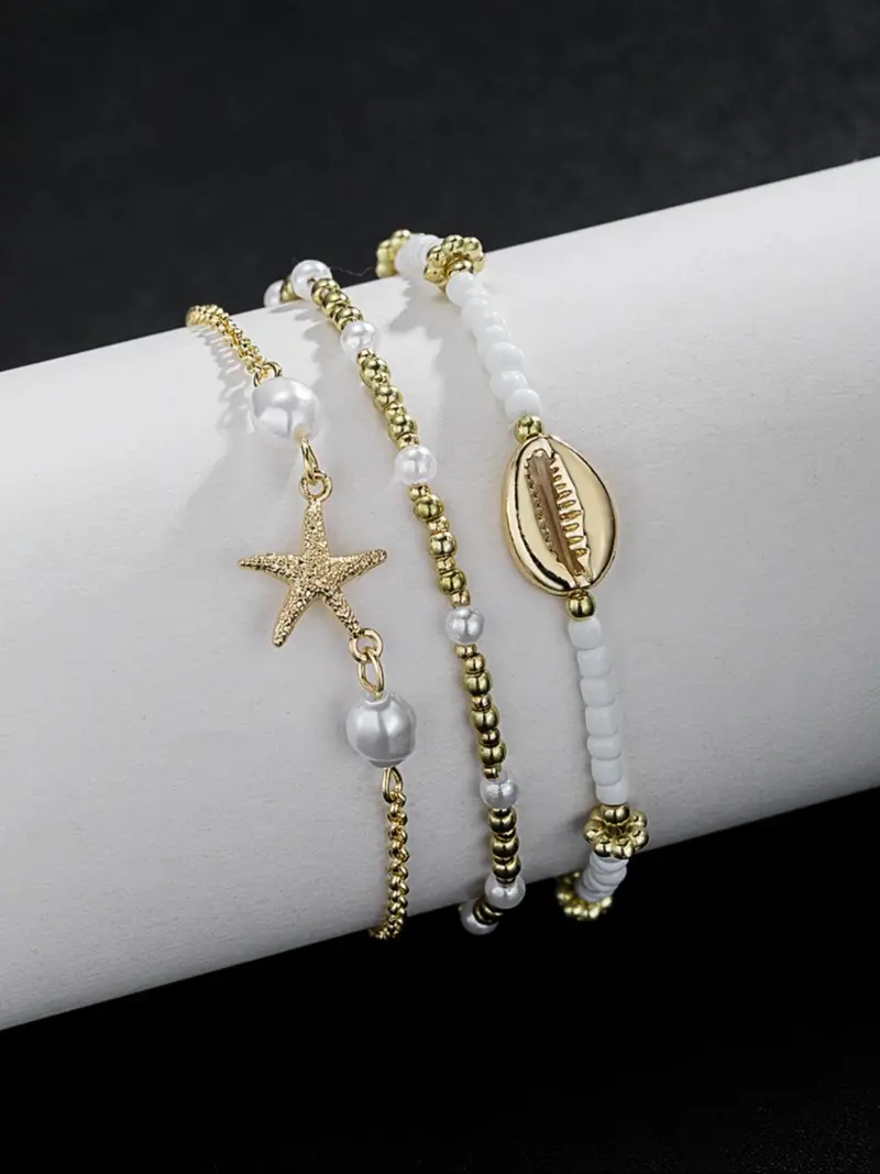 3pc Boho Starfish & Shell Anklet Set