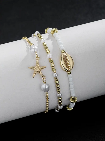 3pc Boho Starfish & Shell Anklet Set