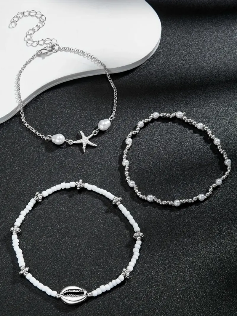 3pc Boho Starfish & Shell Anklet Set