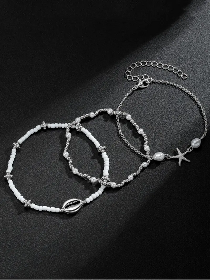 3pc Boho Starfish & Shell Anklet Set