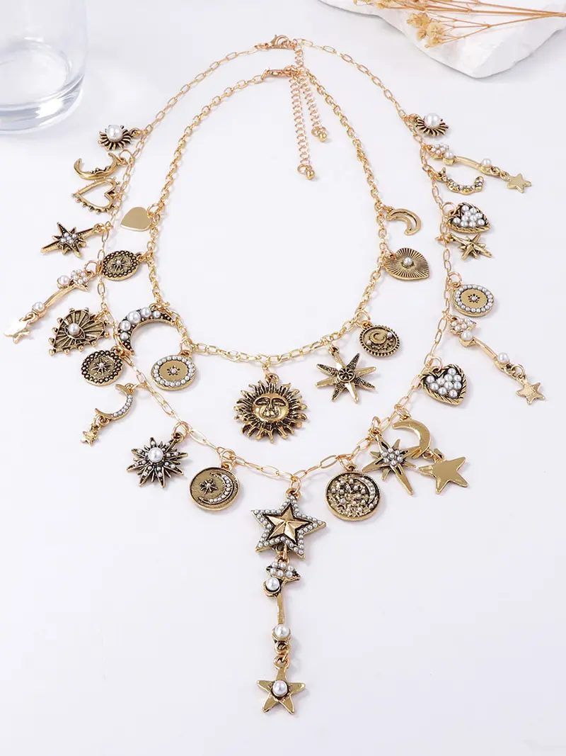 2pc Vintage Sun Moon Necklace Set